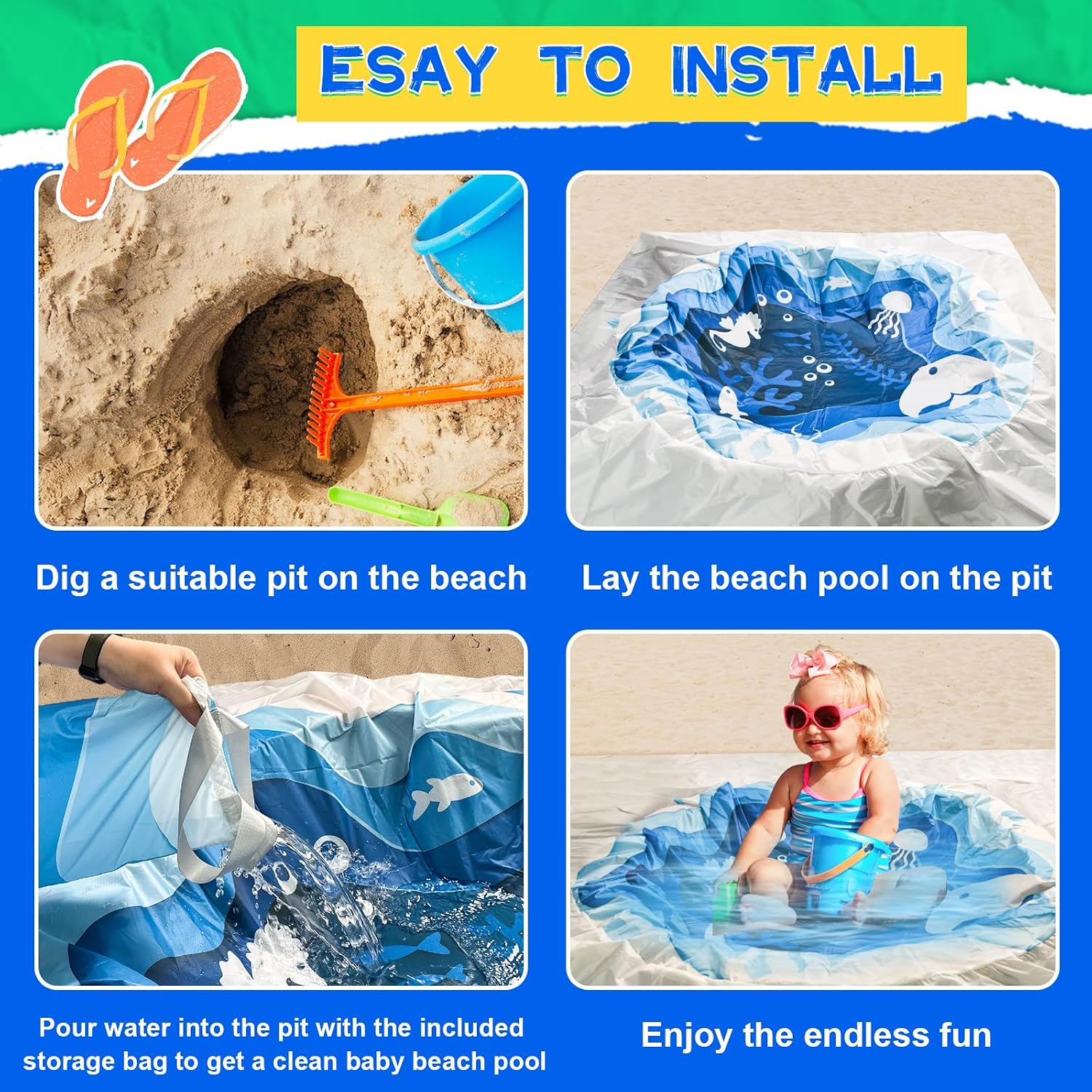 6.5 X 6.5Ft Baby Beach Pool, 2 in 1 Square Portable Toddler Beach Puddle | Cartoon Ocean Theme, Waterproof & Sandproof, Cute Toddler Paddling Pool Beach Blanket with Carrying Bag for Boys Girls, Blue