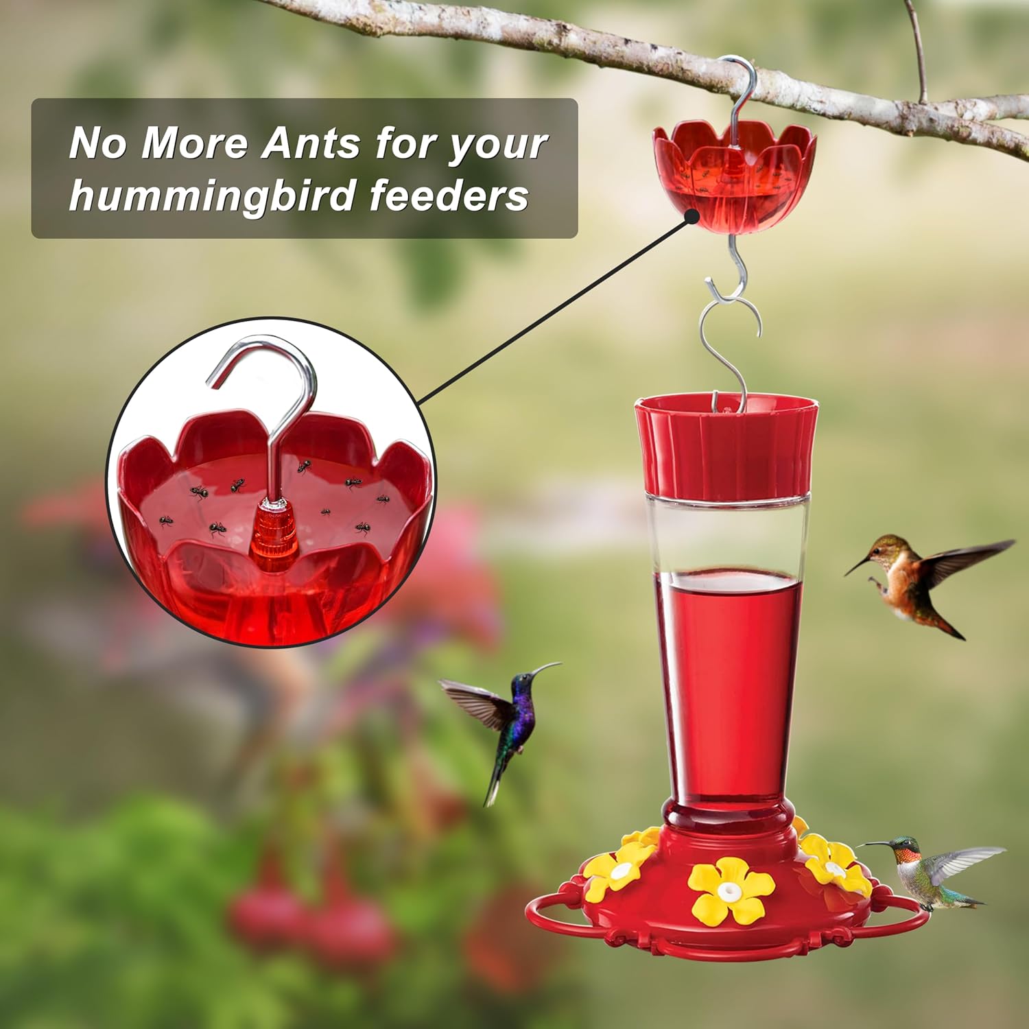 Ant Moat for Hummingbird Feeders, 6 Pack 4OZ | Heavy Duty Metal Hooks with Water Level Window, Bright Red Flower Design for Outdoor Hanging Bird Feeders