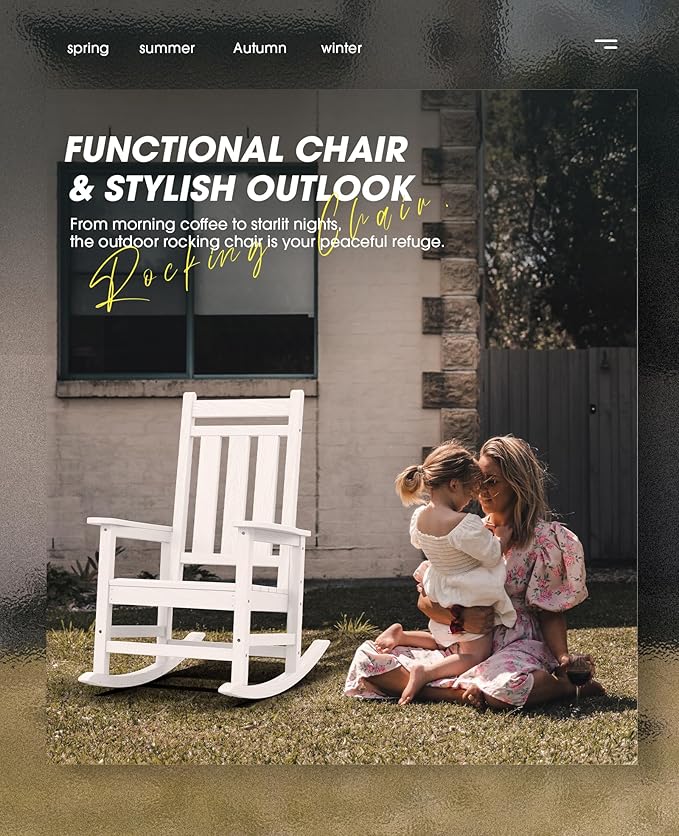 KINGYES Oversized Outdoor Rocking Chair, All-Weather Patio Rocking Chairs for Porch, HDPE Outdoor Patio Rockers with High Back & Wide Seat for Garden, Lawn, White