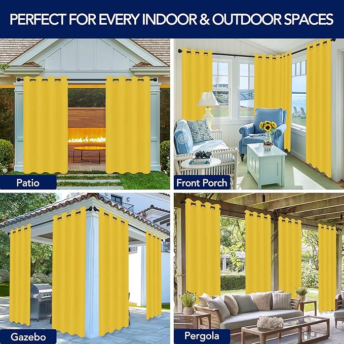 PureFit Outdoor Curtains for Patio Waterproof Weatherproof, UV Resistant Outside Curtains for Gazebo, Front Porch, Pergola, Sun Blocking Privacy Curtain, 52W x 84L inch, 1 Panel, Yellow