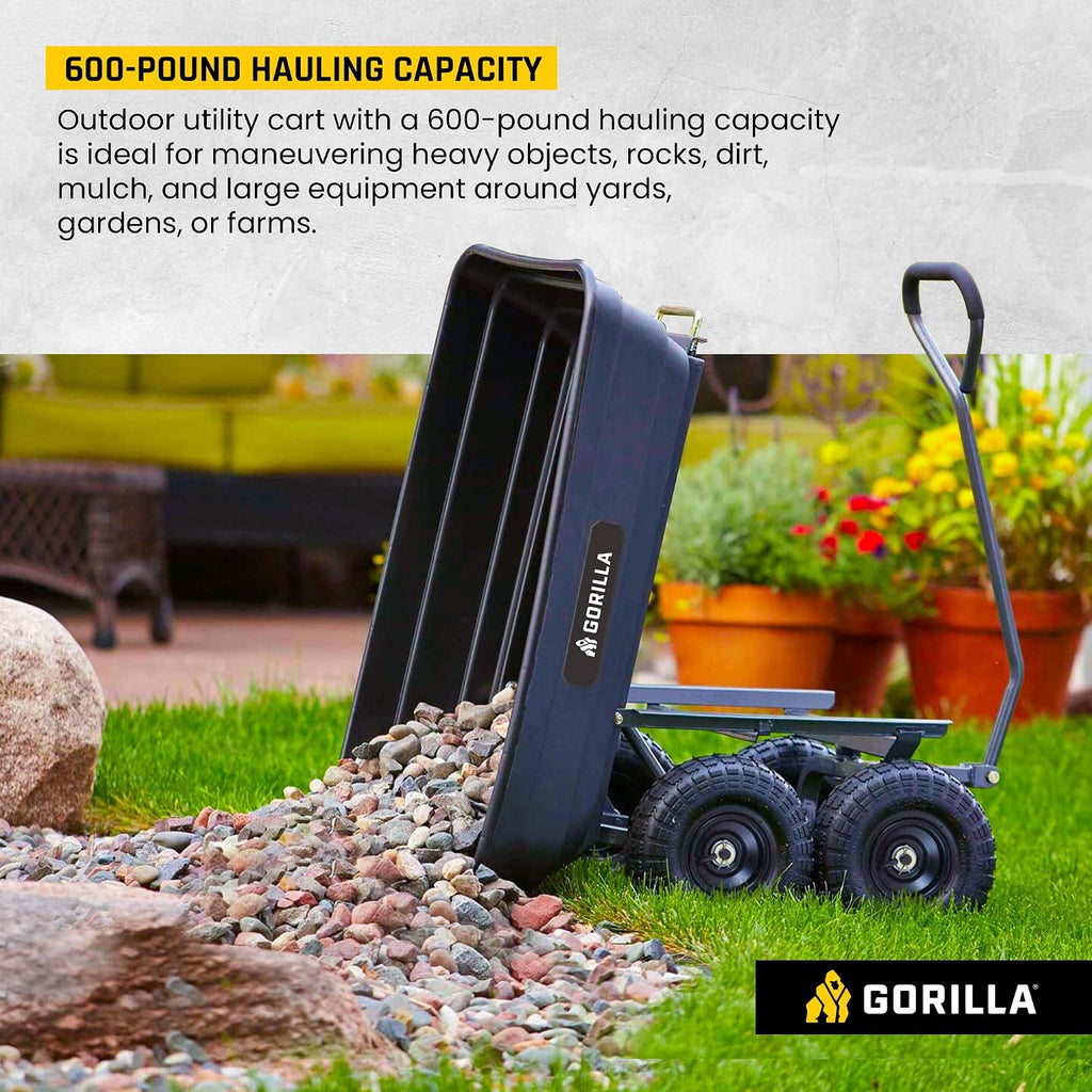 gorilla carts poly dump cart, 600 lb. capacity, side view