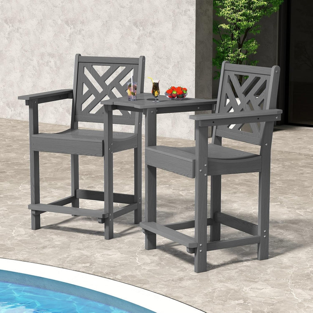 Tall Adirondack Chairs Set of 2, Outdoor 24'' Counter Height Bar Stools with Back and Arms, All-Weather HDPE Patio Tall Chairs for Balcony, Backyard, Garden, Deck (Grey)