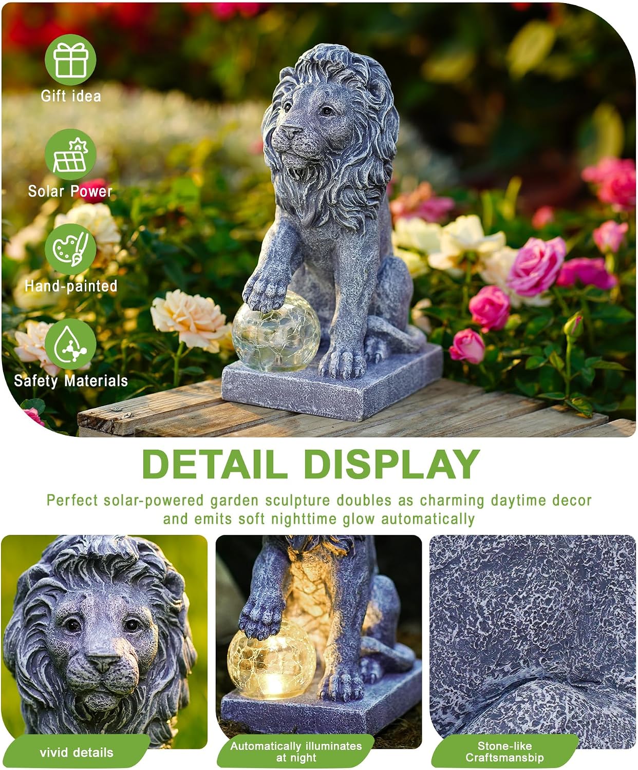 Guardian Lion Outdoor Statues for Garden with Solar Ball (Grey) | 9.45in IP65 Waterproof,Outside Decor, Yard Art Lawn Ornaments, Porch Patio Balcony Home House, Gifts for Mom Grandma Women