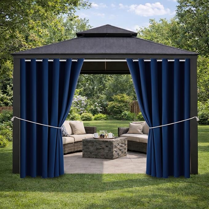 Water Proof Outside Curtains with Grommet Top for Porch, W84 x L95 Thermal Insulated Washable Light Block Outdoor Divider Drapes for Patio Gazebo Deck Pool Area Pergola Cabana (Navy)