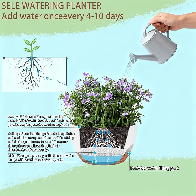 Set of 4-8 Inch Self Watering Hanging Planters for Indoor Outdoor，Hanging Plant Pots with Drainage & Removable Tray, Hanging Pots Holder for Ivy, Pothos, Ferns, Balcony & Patio, White Brown