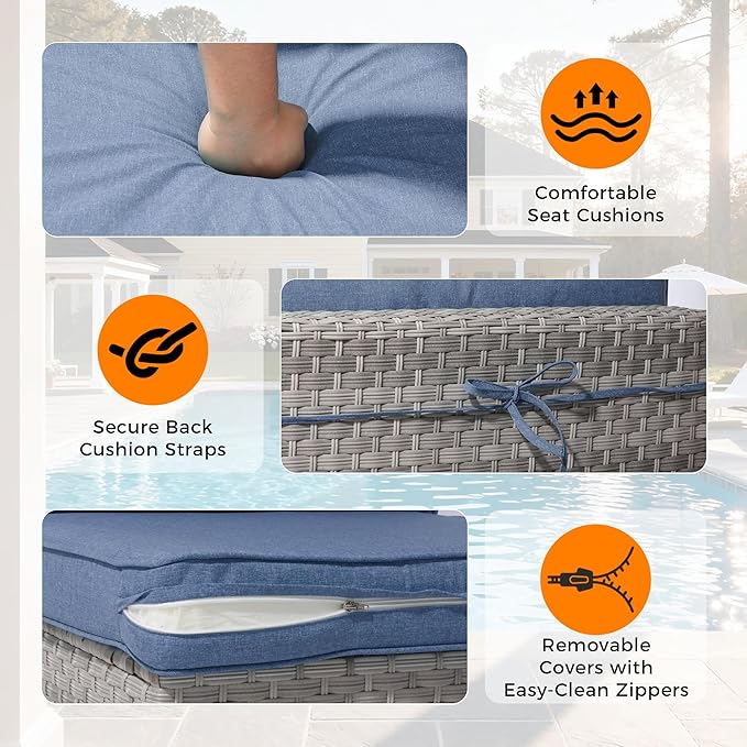 14-Seat Modern Patio Furniture Set with Swivel Rocking Chairs, Thick 4″ Cushions, Dual-Strand Wicker Rattan, Rust-Resistant Steel Frame – Outdoor Conversation & Modular Sectional,Navy