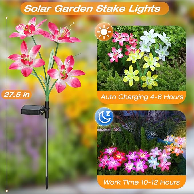 Aukora Solar Garden Lights Outdoor 5 Pack, 5 Colors Lily Flowers & 7-Color Changing Slide Beads Waterproof for Outside Pathway Patio Yard Decorations ＆ Mother's Day Gift, Red Yellow Blue White Purple