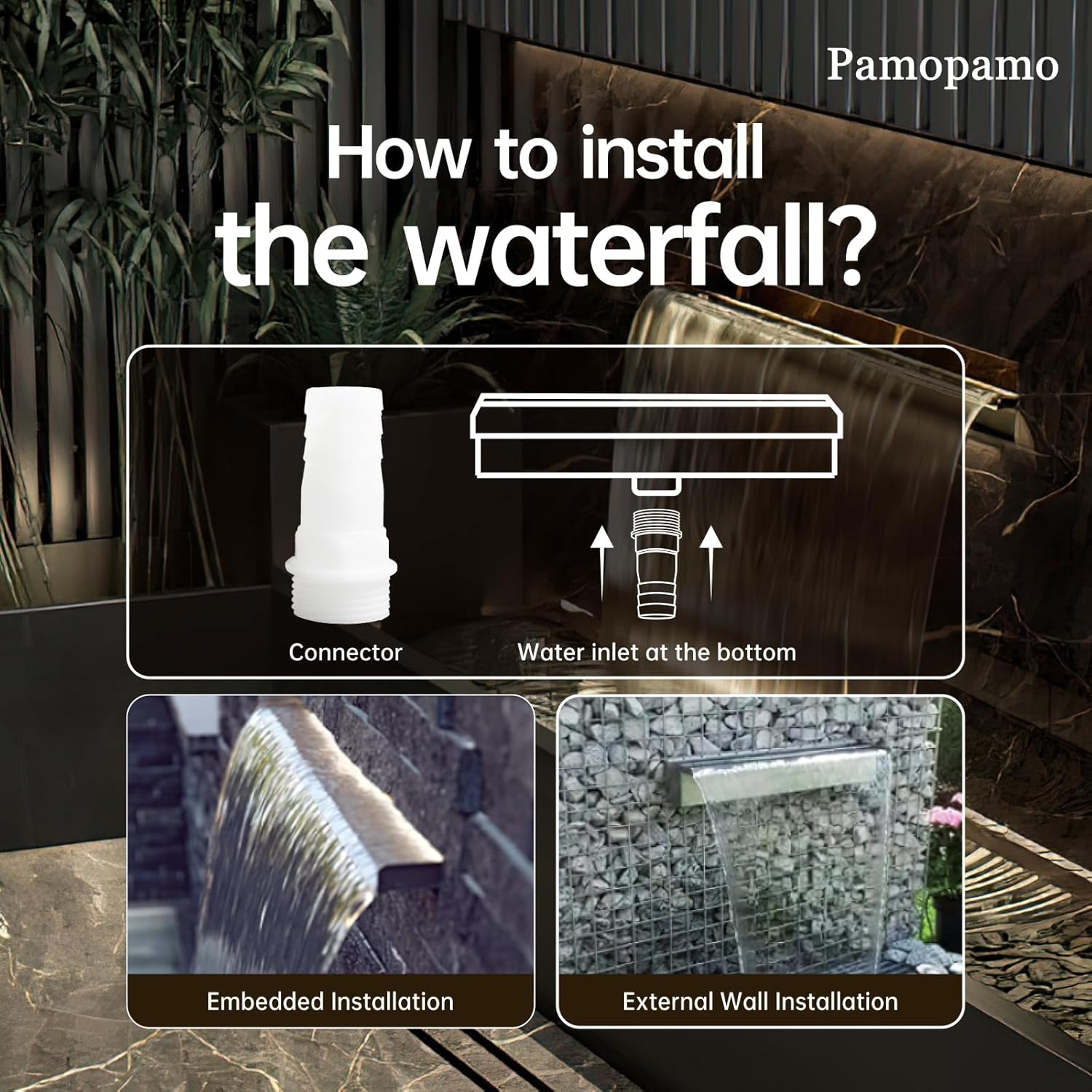 Pamopamo Pond Waterfall Spillway Pool Fountain Water Feature, Black Stainless Steel Outdoor Fountains, Swimming Pool Water Flow Waterfalls Kit for Garden Patio Ponds-11.8"x7.8"x3.9"(NO Light)