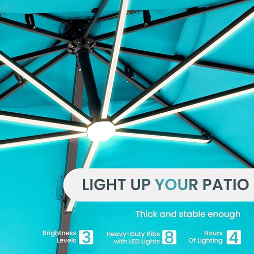 10 X 13 FT Cantilever Patio Umbrella with Led Lights and Base Included Outdoor Heavy Duty Double Top Rectangle Offset Umbrellas with 360-degree Rotation for Pool Deck Backyard, Turquoise