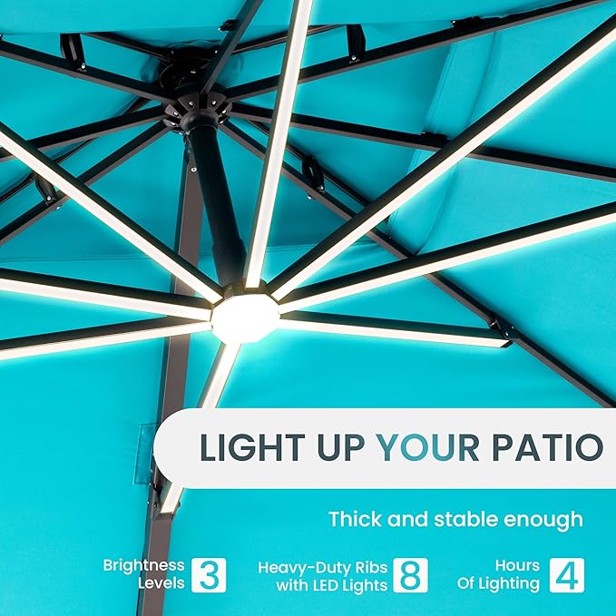 10 X 13 FT Cantilever Patio Umbrella with LED Lights Outdoor Heavy Duty Double Top Windproof Rectangle Offset Umbrellas with 360-degree Rotation for Pool Deck Backyard, Turquoise