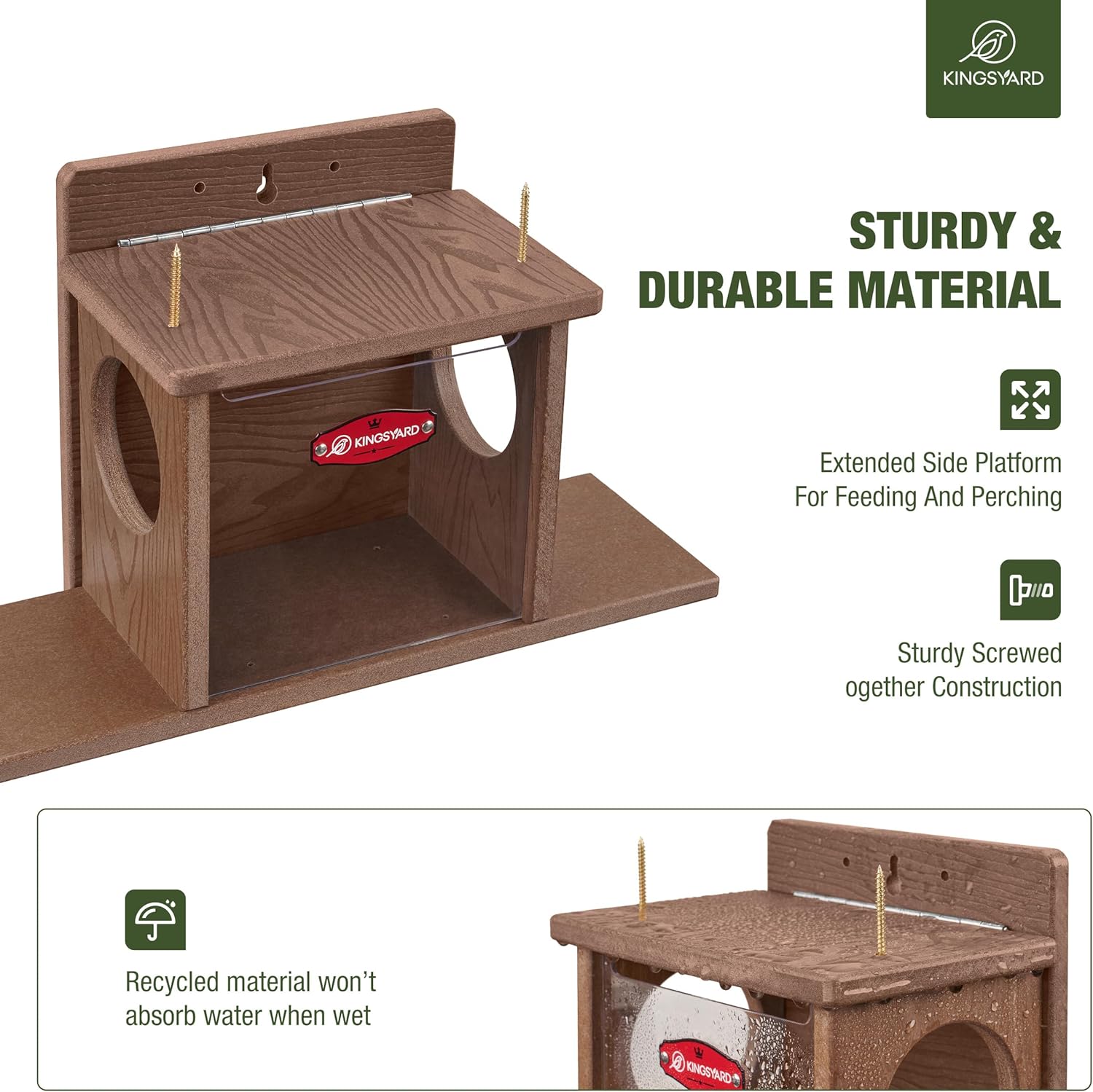 Kingsyard Squirrel Feeder Box for Outside, Recycled Plastic Squirrel Feeder Box with Corn Cob Holders, Easy to Refill & Clean, Weather-Proof (Brown) | Recycled Plastic, Corn Cob Holders, Extended Side Platform, Easy to Refill & Clean, Weatherproof Roof