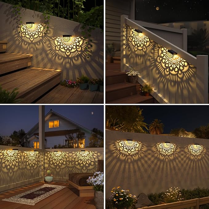 6 Pack Solar Fence Lights Outdoor Wall Lights Black Plastic Solar Powered Deck Step Stair Lights Mandala Theme Waterproof Fence Solar Light for Garden Post Patio Backyard Yard Decor