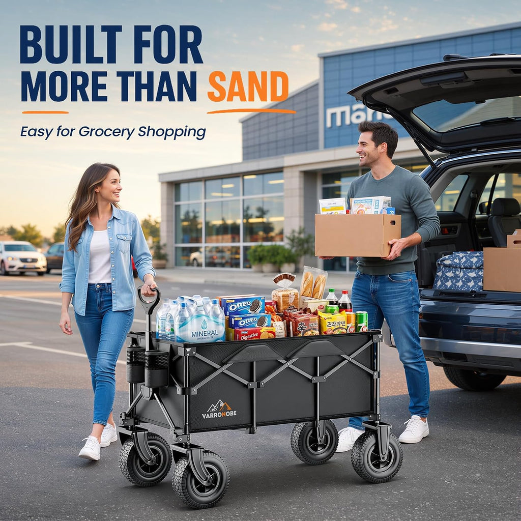 220l all-terrain heavy duty folding wagon with 10" shown in use