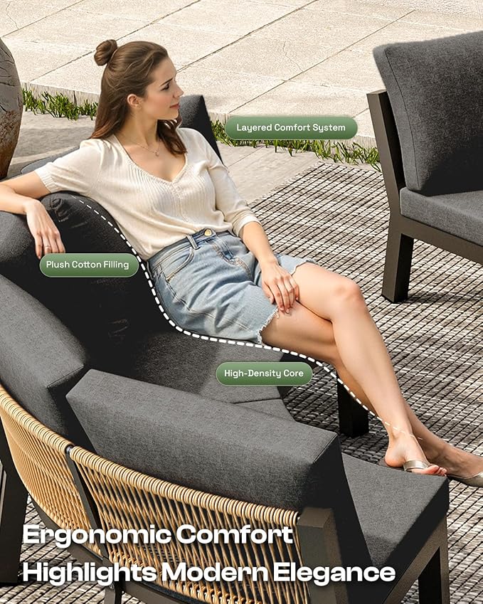 Outdoor Patio Furniture Set, 4 Piece Half-Moon Aluminum Patio Conversation Sets Curved Sofa with PE Rope, All-Weather Outdoor Sectional Sofas with Modular Coffee Table & Cushions, Graphite
