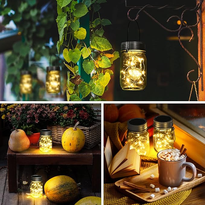 GIGALUMI Hanging Mason Jar Solar Lights, 6 Pack 30 Led Hanging Solar Lanterns Outdoor Waterproof, Hangers and Jars Included, Outdoor Decor for Balcony, Garden, Patio, Yard, Wedding