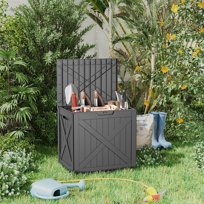 31 Gallon Outdoor Storage Box, Large Resin Deck Box for Patio Cushions, Garden Tools, Pool Accessories, Waterproof and Lockable Design, Storage Bench for Backyard & Deck(Black)