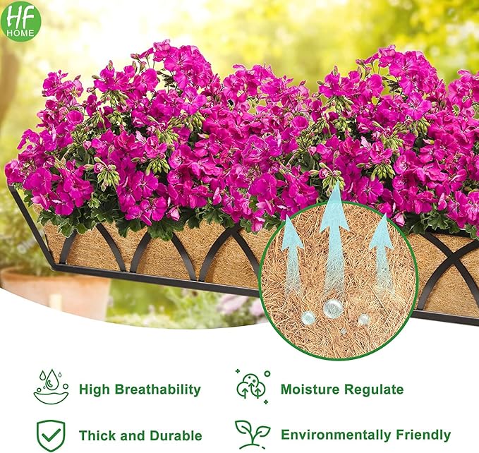 HFHOME 4 Pcs 30" Window Box Deck Railing Planter with Horse Trough Coco Liners, Black Metal Hanging Flower Planters Baskets for Indoor, Outdoor, Balcony, Porch, Fence, Patio, and Lawn