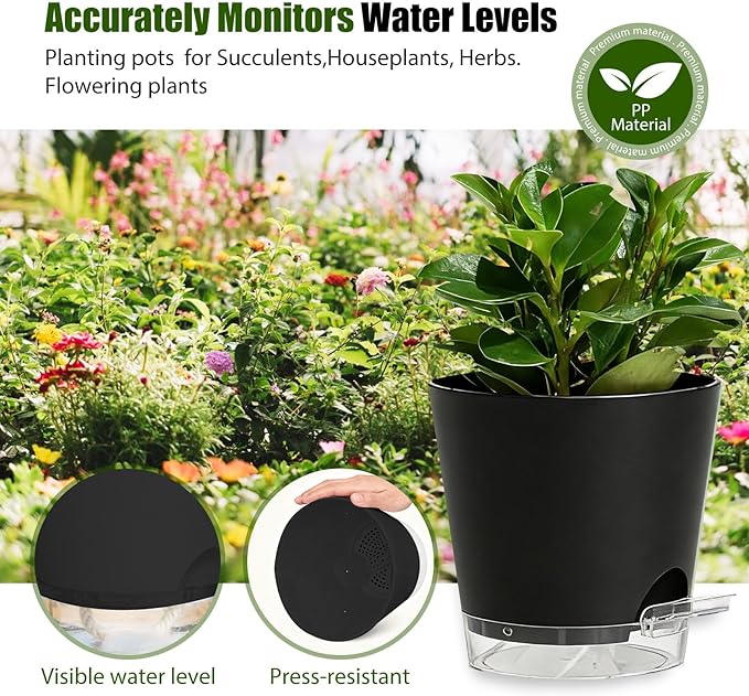 Plant Pots 4 Inch Self Watering Pots,6 Pack Plastic Planters with Drainage Holes and Clear Saucers,Plastic Flower Pots,Nursery Planting Pot for Indoor Out Door Plants (Black, 4 inch)