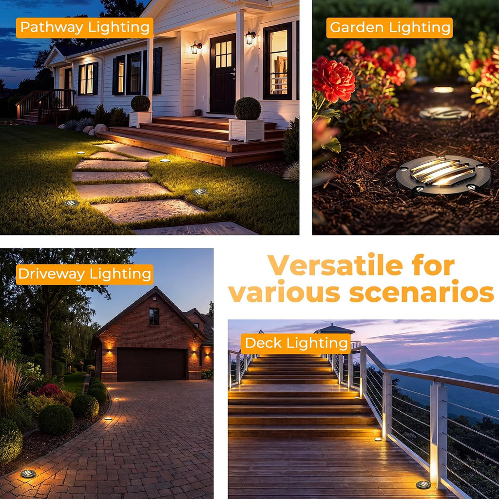 Brass Low Voltage Landscape Well Lights (5" Cover, 5.5" Tall), 12V LED Wired In-Ground Outdoor Up Lighting Fixture Waterproof, Adjustable Beam Direction Base, Without MR16 Bulb (4 Pack)