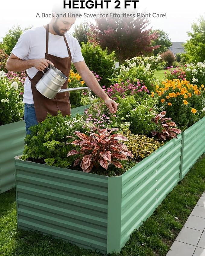 CABIHOME 2 Pcs 8x4x2 Ft Galvanized Raised Garden Bed, Deep Root Planter Box for Vegetables, Flowers, Herbs- Large Metal Raised Garden Bed Kit for Outdoor Use, Green