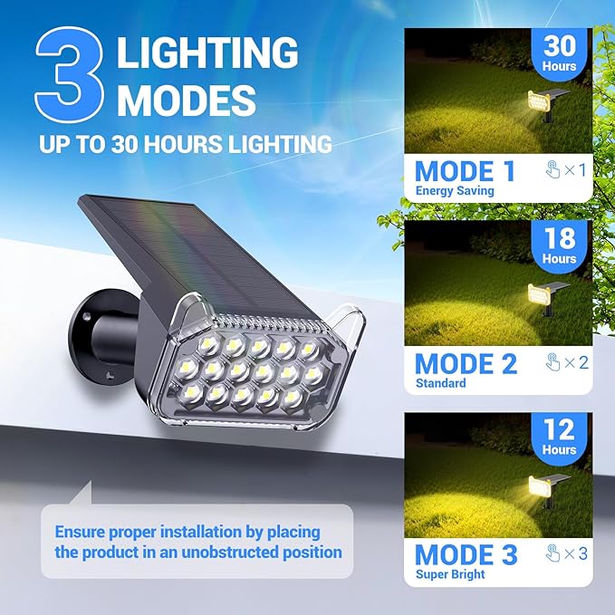 WdtPro Solar Spot Lights Outdoor Waterproof, Bright Solar Lights Outdoor with 16 Extra-Large LEDs, 3 Modes Landscape Spotlights, 2-in-1 Solar Powered Light for Yard Flag Garden, 2 Pack, Warm White