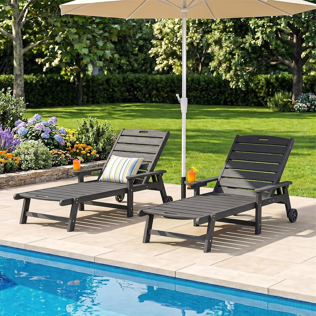 HDPE Pool Lounge Chairs Set of 2 with Wheels & Cup Holder, 6-Position Adjustable Outdoor Lounge Chair, Easy 20-Min Assembly, 450LBS Bearing, Patio Lounger for Poolside, Deck, Backyard (Grey)