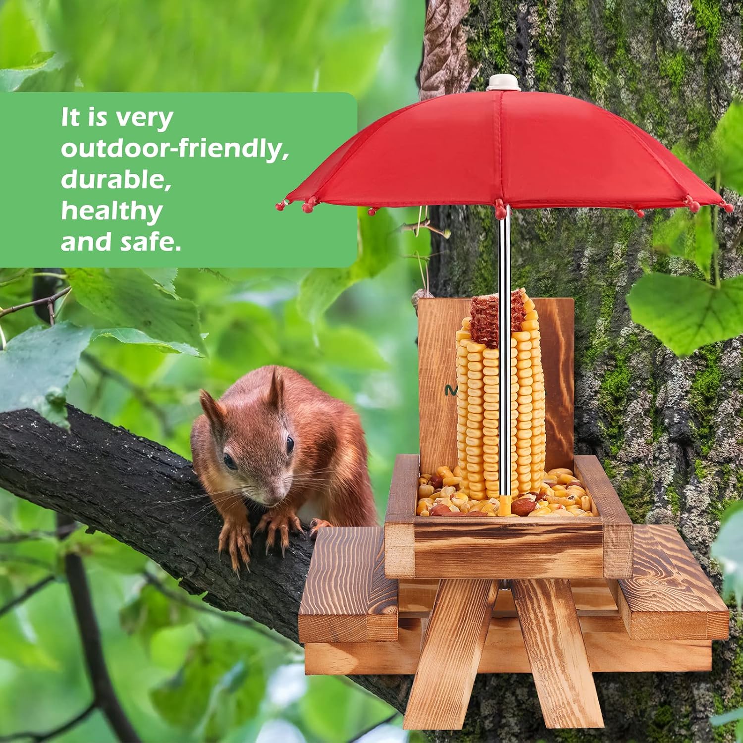 Squirrel Feeder Picnic Table with Tall Umbrella, Wooden Squirrel Feeders for Outside, Cute Chipmunk Feeder with Corn Cob Holder, Solid Structure, Thick Wood (Rustic Brown with Red Umbrella)