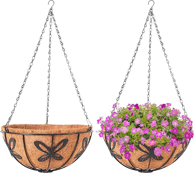 Hanging Baskets Planter for Plants, 2 Pack 8 Inch Round Metal Wire Hanging Flower Pots with Coco Coir Liner Chain, Plant Holder for Home Garden Balcony Decor