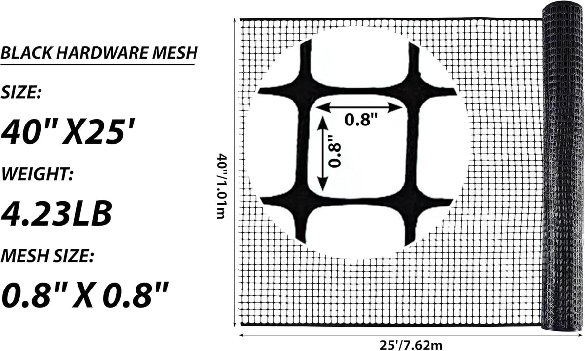 potatolife black plastic garden fence, hardware mesh, 40'', side view