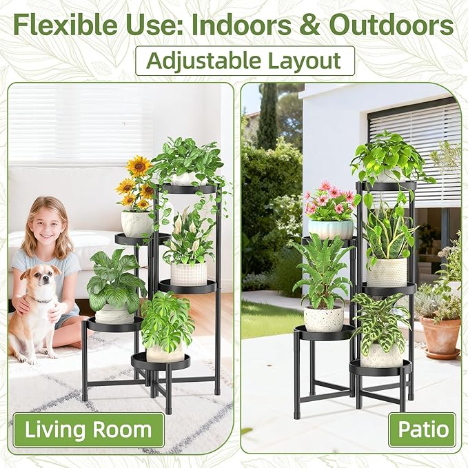 iDavosic.ly Plant Stand Indoor Outdoor, 5 Tier Corner Metal Flower Display Holder Shelf, Easy Assembly Folding Tall Orchid Rack for Patio Balcony Porch Garden Living Room House, Black