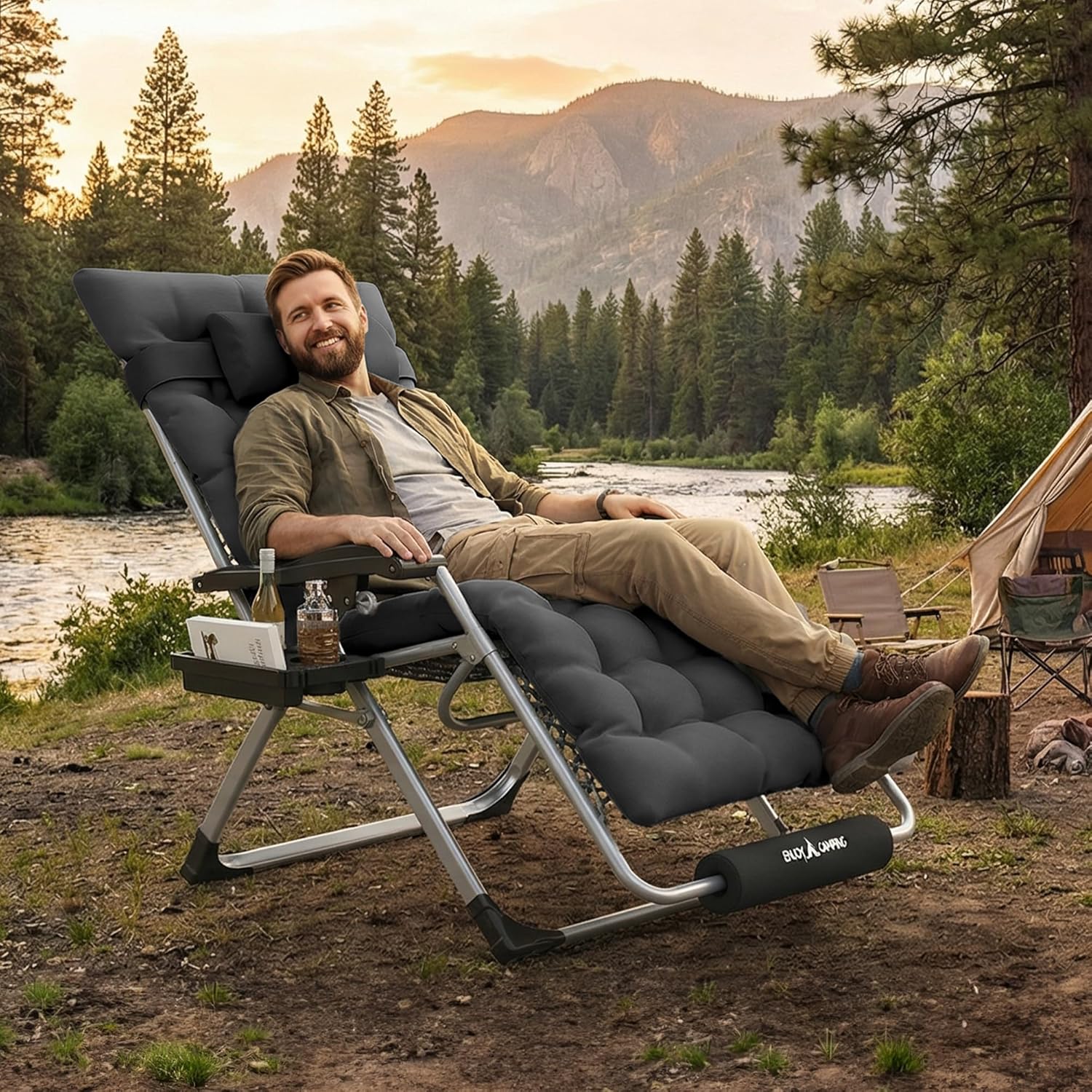 Oversized Zero Gravity Chair Folding Patio Reclining Padded Lounge Chairs | w/Removable Cushion & Headrest & Upgraded Lock & Footrest & Cup Holder Foldable Recliner for Indoor Outdoor,500LBS Capacity