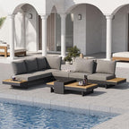 homary Outdoor Conversation Sets, 6 Piece Aluminum & Teak Patio Sectional Sofa Set with Adjustable Backrests, Waterproof Cushions, Ideal for Patios & Balconies | Outdoor Materials, Fade Resistant, Modular design