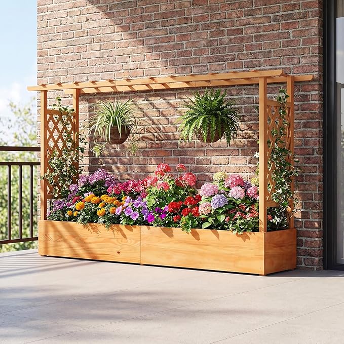 Giantex 2 Pcs Raised Garden Bed with Trellis & Hanging Roof, Wood Planter Box with Bottom & Drainage Holes, Freestanding Garden Planter for Flower Fruit Vegetable Herb Climbing Vine (77"x14.5"x45")