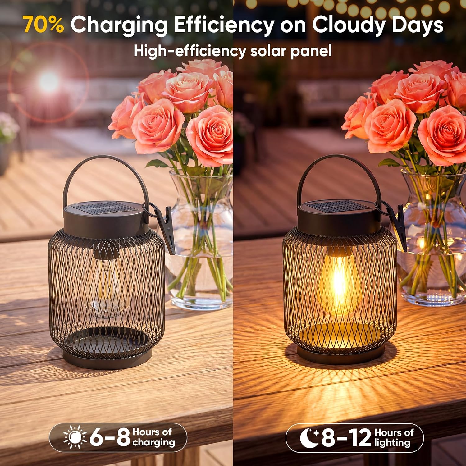 Hanging Solar Lanterns Outdoor Waterproof: 2 Pack Metal Accent Lights | IP65 Waterproof, Auto On/Off, Long-lasting 12-15hrs, Hang Or Clip For Patio Table, Warm Ambiance, No Wiring, 800mah Battery