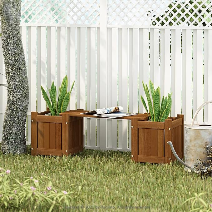 Furinno Tioman Hardwood Mini Outdoor Planter Box with Bench for Garden Plant