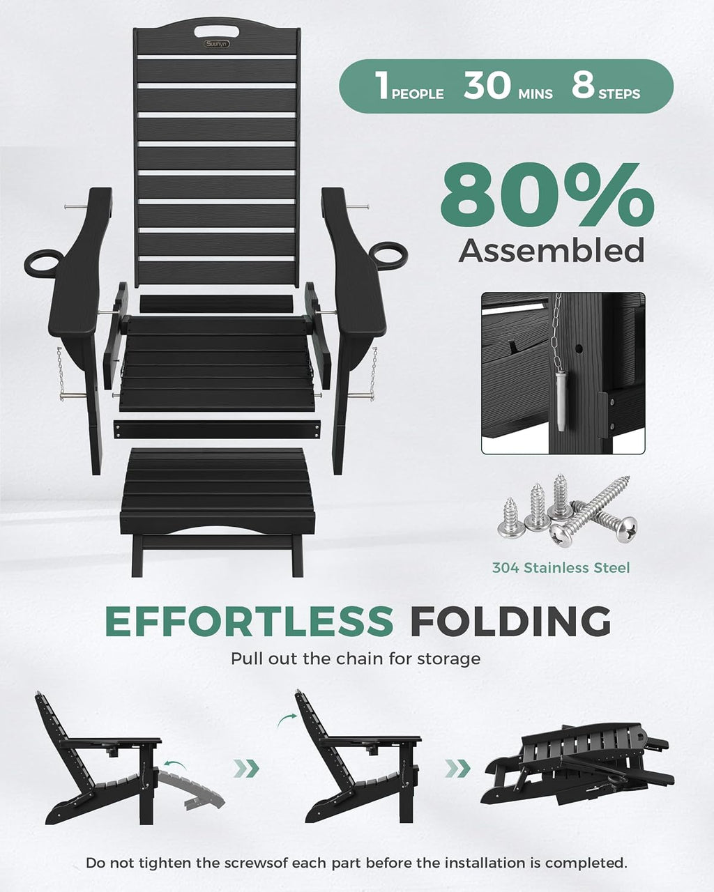 Folding Adirondack Chair with Retractable Ottoman Weather Resistant Fire Pit Chair Patio Chair with 2 Cup Holder Lawn Outdoor Lounge Chair (Black)