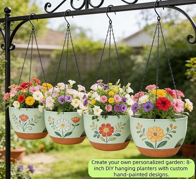 Set of 4-8 Inch Self Watering Hanging Planters for Indoor Outdoor，Hanging Plant Pots with Drainage & Removable Tray, Hanging Pots Holder for Ivy, Pothos, Ferns, Balcony & Patio, Green Brown