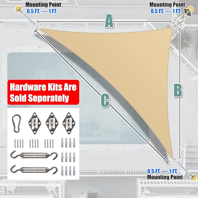 Amgo Custom Size 12' x 13' x 17.7' Beige Right Triangle Sun Shade Sail Order to Make Canopy Awning UPF50+ AGSLT, 95% UV Blockage, Water & Air Permeable, 200GSM Commercial Standard (We Customize)