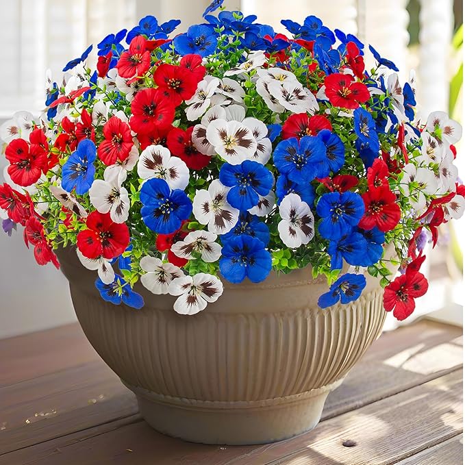 18 Pcs Artificial Fake Pansy Flowers for Outdoor, UV Resistant Faux Silk Pansies Patriotic Flowers for Outside for Planter Front Door Porch Patio Window 4th of July Home Decor (18, Red, White, Blue)