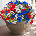 18 Pcs Artificial Fake Pansy Flowers for Outdoor, UV Resistant Faux Silk Pansies Patriotic Flowers for Outside for Planter Front Door Porch Patio Window 4th of July Home Decor (18, Red, White, Blue)