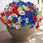 18 Pcs Artificial Fake Pansy Flowers for Outdoor, UV Resistant Faux Silk Pansies Patriotic Flowers for Outside for Planter Front Door Porch Patio Window 4th of July Home Decor (18, Red, White, Blue)