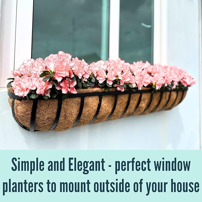 LaLaGreen Wall Hanging Planters (48 Inch, 4 Pack) Long Window Flower Box Planter with Coco Liner, Black Metal Rectangular Outdoor Plants Attach to House Horse Trough Fence Balcony Garden Porch Patio