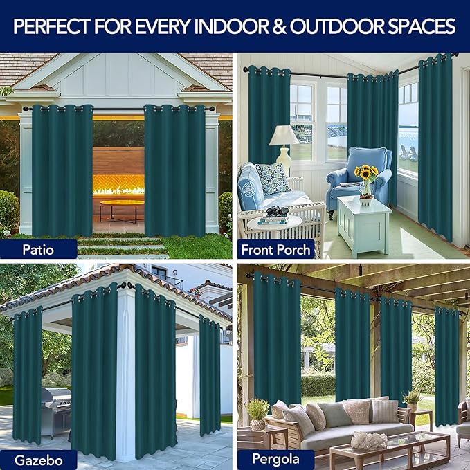 PureFit Outdoor Curtains for Patio Waterproof Weatherproof, UV Resistant Outside Curtains for Gazebo, Front Porch, Pergola, Sun Blocking Privacy Curtain, 52W x 108L inch, 1 Panel, Teal