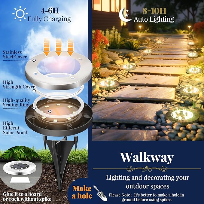 SOLPEX Solar Ground Lights, 16 Pack Solar Lights Outdoor Waterproof, 8 LED Solar Powered Landscape Lighting for Garden Yard Patio Pathway Driveway Walkway (Warm White)