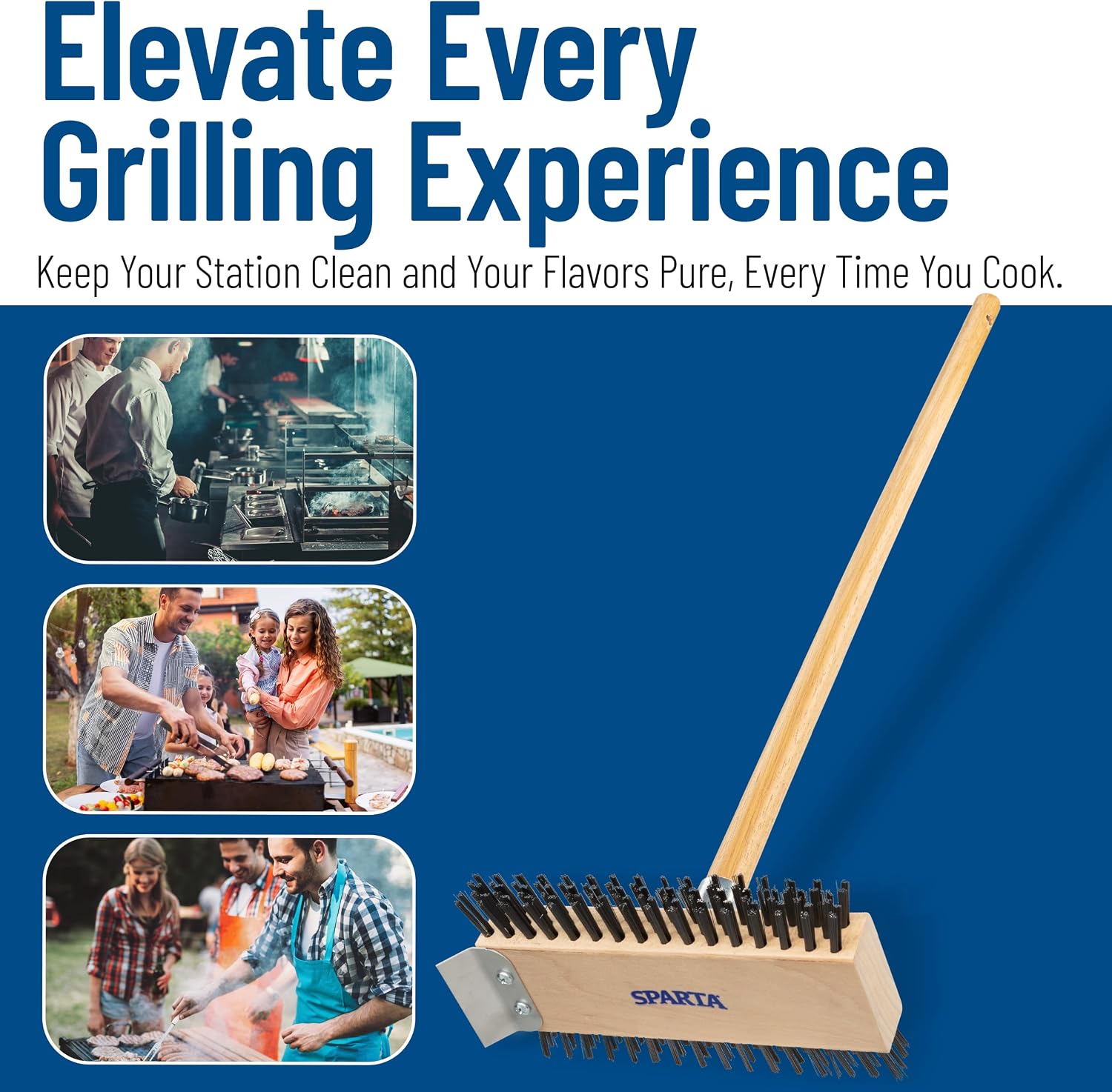 SPARTA 4002600 Stainless Steel Grill Brush, Grill Scraper With Long Handle For Commercial Cleaning, Kitchens, Restaurants, Bathrooms, 30 Inches, Brown