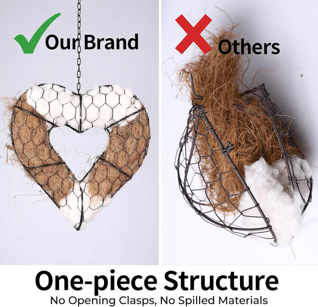Bird Nesting Material Holder, Heart Shaped Hanging Bird Nesting Material for Wild Birds, Metal Holder with Natural Cotton & Coconut Fiber, Cottagecore Garden Decor for Bluebirds Chickadees Finches