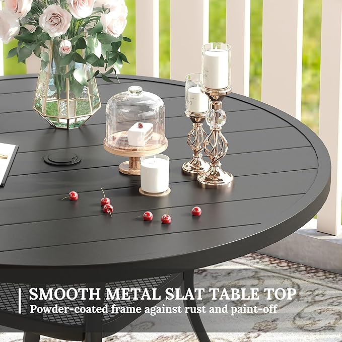 VICLLAX 5 Pieces Patio Dining Set for 4, Outdoor Furniture Set Includes 40.7" Round Patio Table and 4 Patio Stackable Chairs, Black Tabletop and Blue Fabric