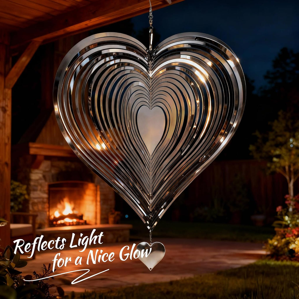 Wind Spinner 12-Inch Garden & Yard Decor, Birthday Gift for Mom | Hanging Yard Art, Garden Decoration for Outdoor and Indoor, Birthday Gift for Women, 3D Heart, Stainless Steel, 1 Pack