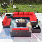 Kullavik 13 Pieces Outdoor Patio Furniture Set with 43" 55000BTU Gas Propane Fire Pit Table PE Wicker Rattan Sectional Sofa Patio Conversation Sets,Red