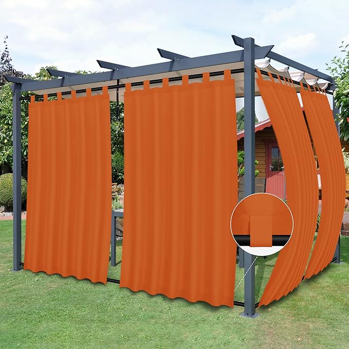Easy-Going Outdoor Patio Curtains Detachable Tab Top Windproof Weatherproof Curtain for Cabana, Porch, Pergola and Gazebo, Tab Bottom Drape, 2 Panels, 54W x 84L inch, Orange
